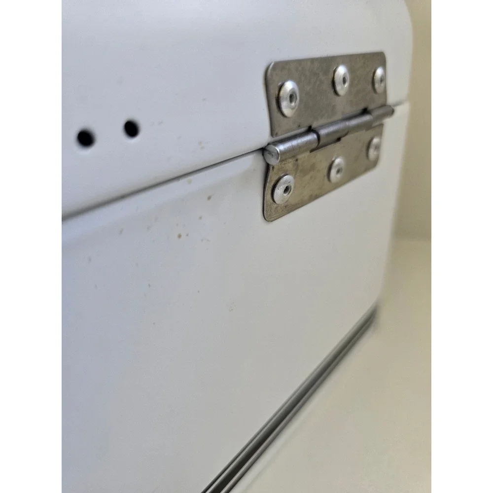 White Metal Bread Box Retro Countertop Storage Bin‎ with Hinged Lid and Stripes